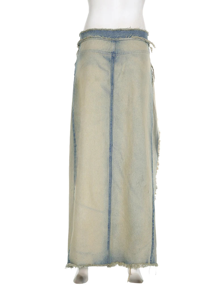 IAMSURE – jupe Maxi fendue en jean pour femmes, Vintage, décontractée, Slim, fendue, Sexy, taille basse, automne printemps, Streetwear, vacances, dames, 2023