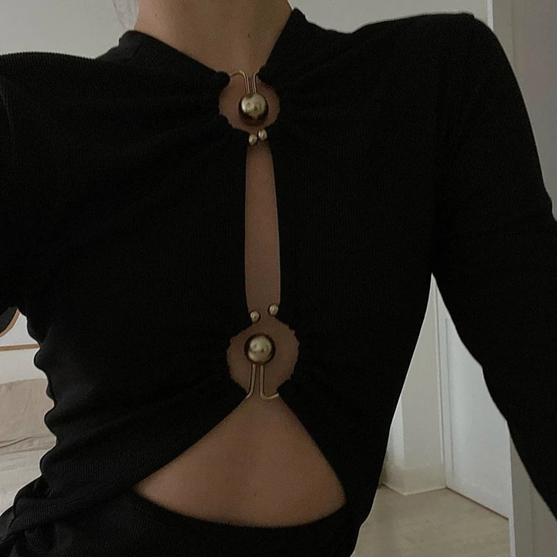 WhereMery-body Sexy de manga larga con agujeros para mujer, corpiño negro con conexión de anillo de Metal, ropa para fiesta y discoteca