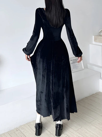 IAMSURE Elegant Fashion Lace Trim Velvet A-Line Dress Slim Solid Square Collar Long Sleeve Maxi Dresses For Women 2023 Autumn