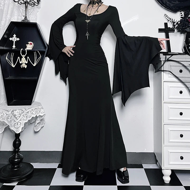 Robe sirène gothique à manches chauve-souris pour femmes de la famille Addams