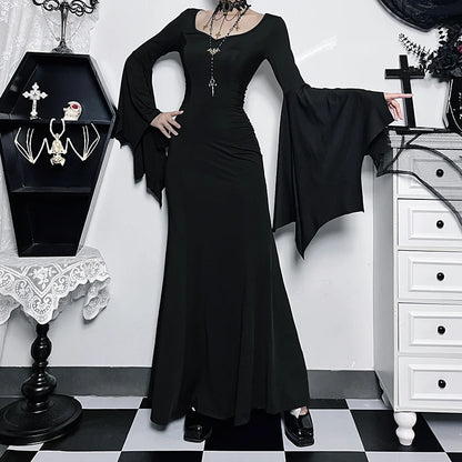 Vestido gótico de sirena con mangas murciélago de la familia Addams para mujer