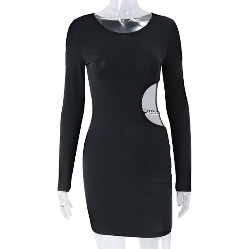 WhereMery Y2K Hollow Out Metal Chain Mini Dress Women O Neck Long Sleeve Solid Dresses Gothic Fashion Sexy Club Party Vestidos