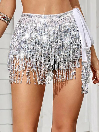 Sexy Female Hip Scarf Belly Dance Skirt Holographic Sequin Fringe Trim Tie Side Skinny Skirt For Party Performance Costume