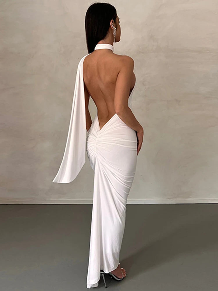 Hugcitar-Vestido largo con cuello Halter y un hombro al descubierto para mujer, vestido liso drapeado elegante y Sexy para fiesta de graduación, traje ajustado para fiesta de cumpleaños Y2K 2023