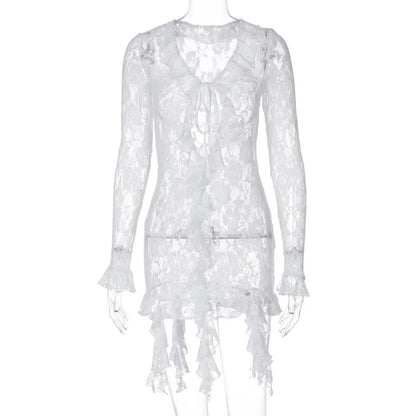 Mini robe cryptographique en dentelle transparente, cravate sur le devant, manches longues, tenues à franges pour femmes, robes moulantes Sexy de soirée en boîte de nuit