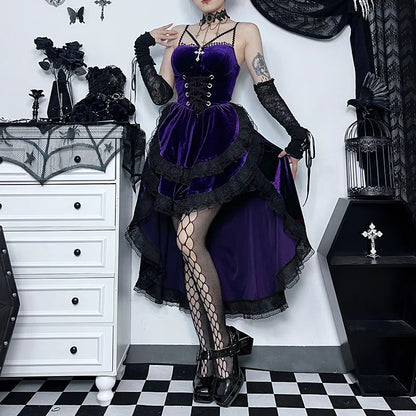 Women's Gothic Style Dress Autumn New Dark Sexy Hottie Slim Hanging Neck Tie Waist Drag Hem Dress Female