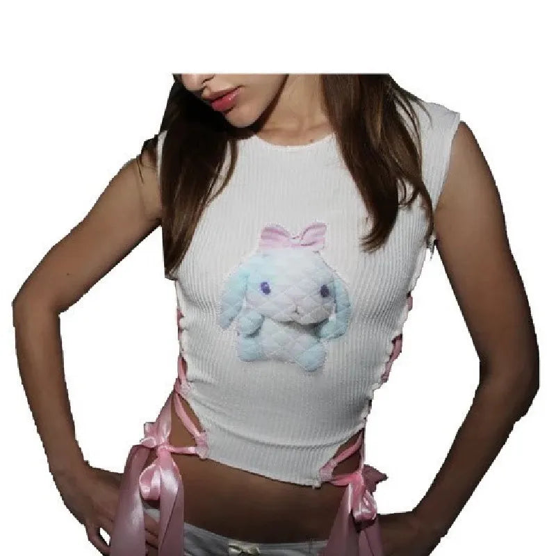 WhereMery-Camiseta sin mangas con vendaje cruzado lateral para mujer, Top corto sin mangas con gráfico de dibujos animados Kawaii Y2K, corsés blancos con cuello redondo 2023