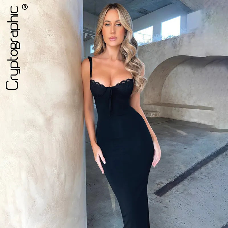 Criptográfico encaje empalmado Sexy espalda descubierta elegante lazo frontal Maxi Vestidos trajes para mujeres Club vestido de fiesta Vestidos con aberturas