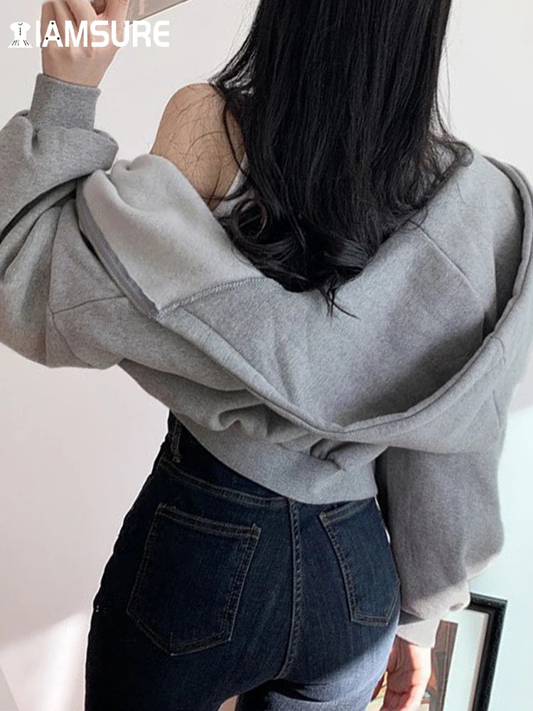 IAMSURE-sudaderas cortas con capucha para mujer, sudadera lisa, chándal de manga larga, Top corto femenino, ropa coreana de moda Harajuku 2020