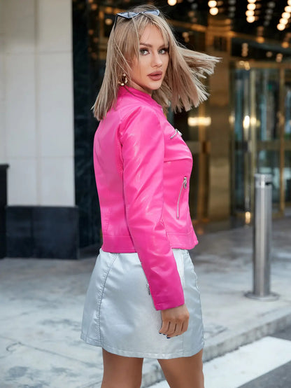 Chaqueta de motocicleta de cuero PU con cremallera y cuello analógico Simple tendencia de moda para mujer 2023