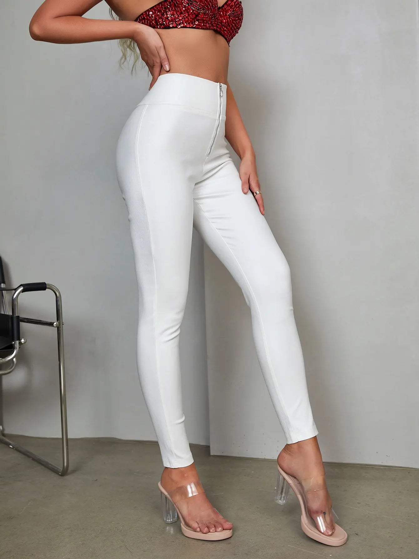 2023 moda Mujer Sexy sólido alto cintura cremallera frontal cuero PU elasticidad pantalones ajustados Vintage pantalones sueltos Mujer