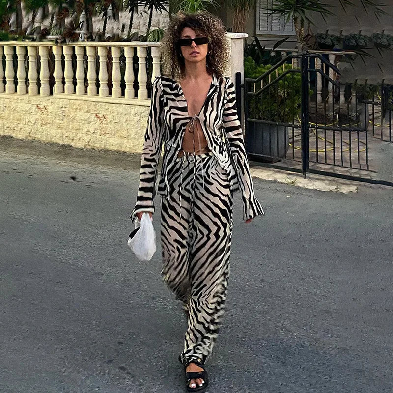 Cryptographic Animal Print Mesh Sheer Stripe Tie Front Detail Top Matching Sets Fashion Outfits 2 Piece Sets Holiday Beachwear