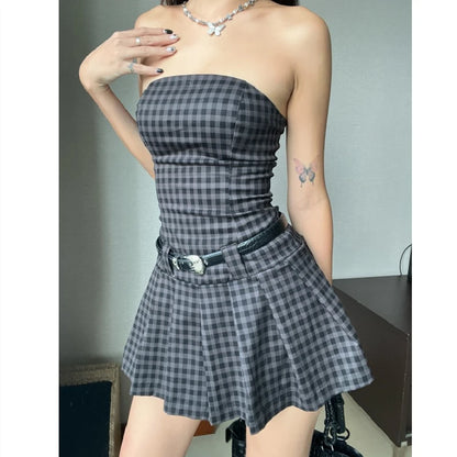 Xeemilo Vintage Plaid Print Tube Dress Sexy Gentle Slash-neck Pleated Mini Dresses 2023 Fashion Off Shoulder Backless Vestidos