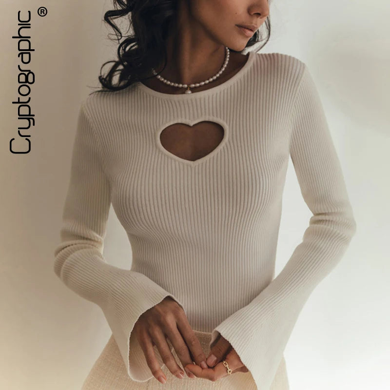 Cryptographic Fall 2023 Heart Cut Out Ribbed Knit Tops for Women Elegant Flare Sleeve Sexy Slim Tops Basic Pullovers Streetwear