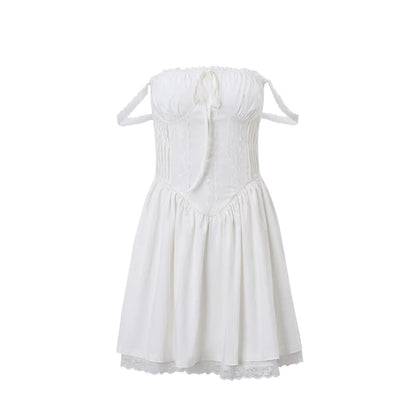 WhereMery Aesthetic Pleated White Dress Elegant Square-neck Lace Patchwork Off Shoulder Dresses Summer Wedding Party Vestidos