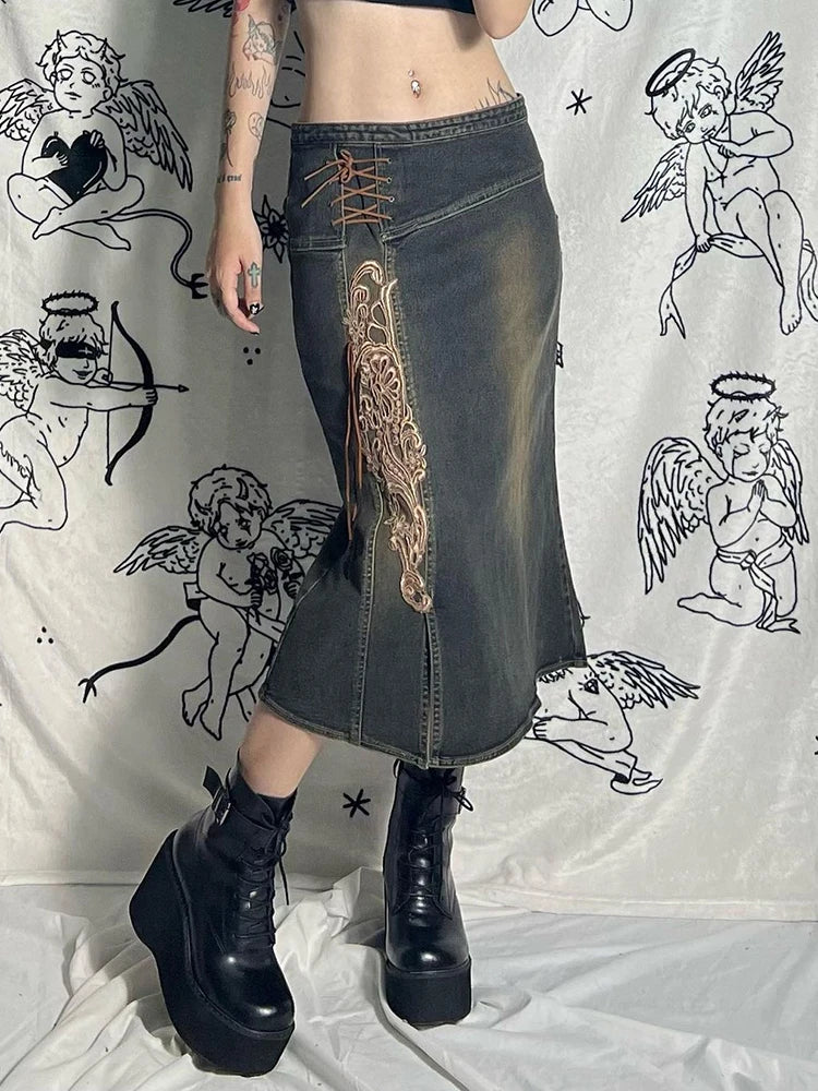 IAMSURE Vintage Embroidery Split Denim Skirt Casual Streetwear Mid-Waisted Midi Skirts Women 2023 Autumn Winter Fashion Ladies