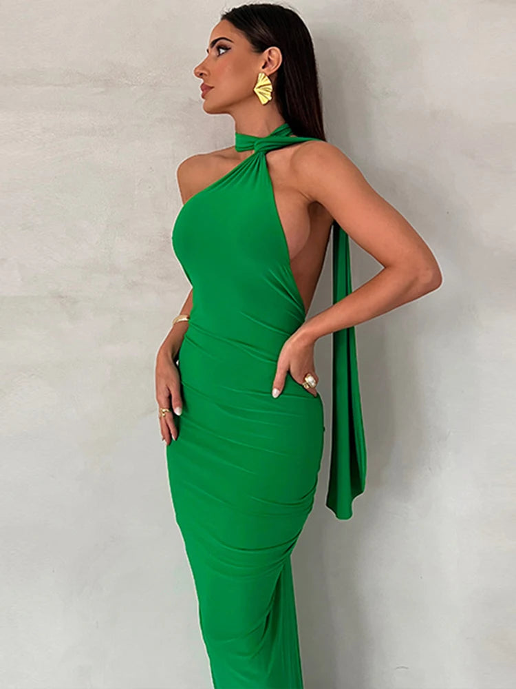 Hugcitar Halter One Shoulder Backless Solid Draped Elegant Sexy Maxi Prom Dress 2023 Summer Women Slim Outfit Birthday Party Y2K