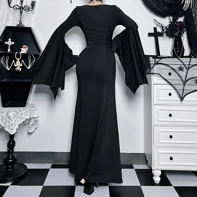 Robe sirène gothique à manches chauve-souris pour femmes de la famille Addams