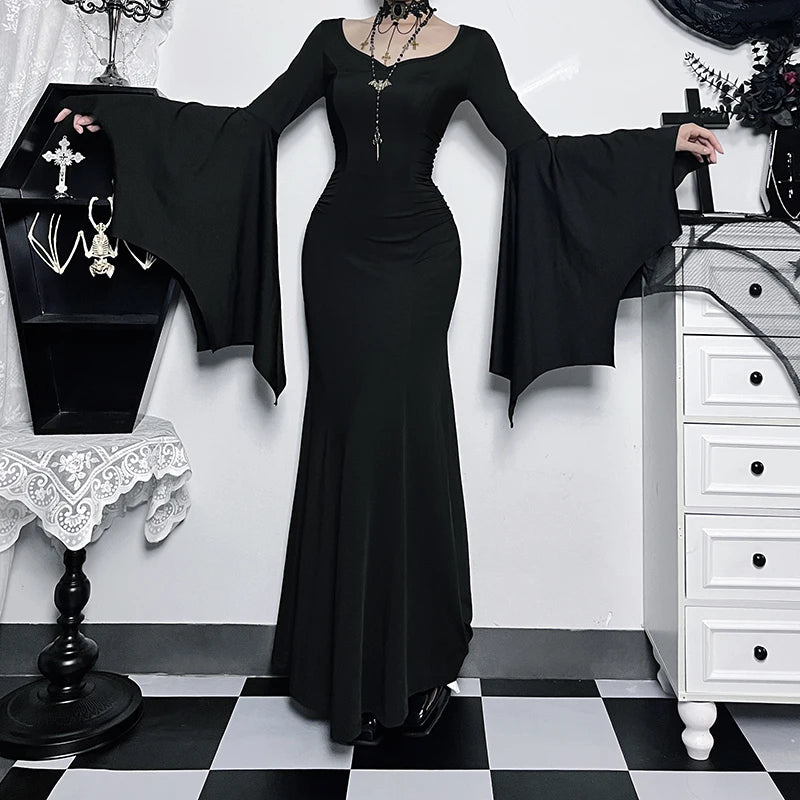 Vestido gótico de sirena con mangas murciélago de la familia Addams para mujer