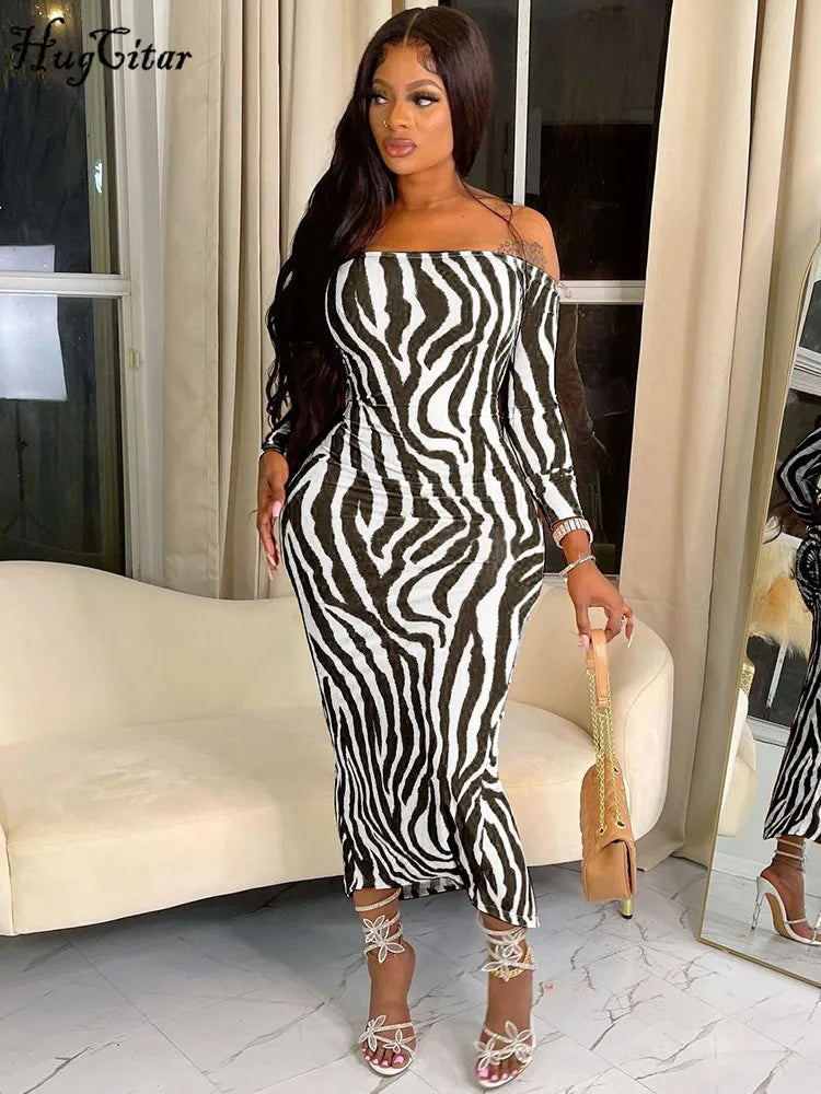 Hugcitar Striped Print Slash Neck Long Sleeve Backless Ruched Sexy Slim Maxi Dress 2023 Autumn Fashion Outfit Party Streetwear