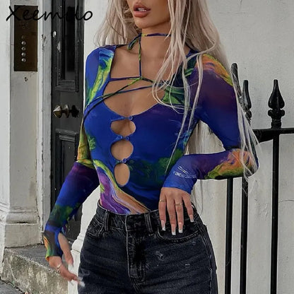 Xeemilo Aesthetic Tie-dye Hollowed Bodysuit Sexy Deep V-neck Bandage Bodycon Bodice 2023 Autumn Party Club Long Sleeve Bodysuits