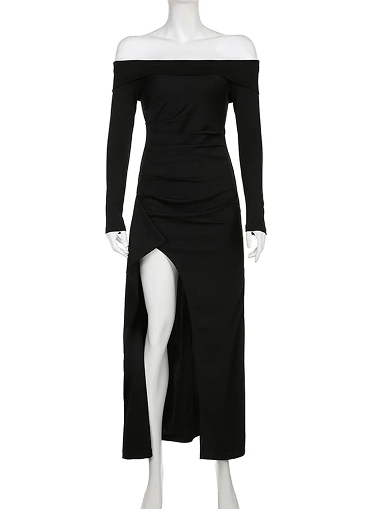 IAMSURE-vestido elegante de vacaciones con pliegues, vestido con abertura, color oscuro, ajustado, liso, con cuello oblicuo, Maxi vestidos de manga larga para mujer, Otoño Invierno 2023