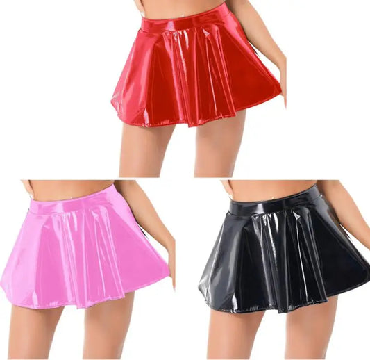 NEW Solid color unlined PU faux leather pleated elastic skirt