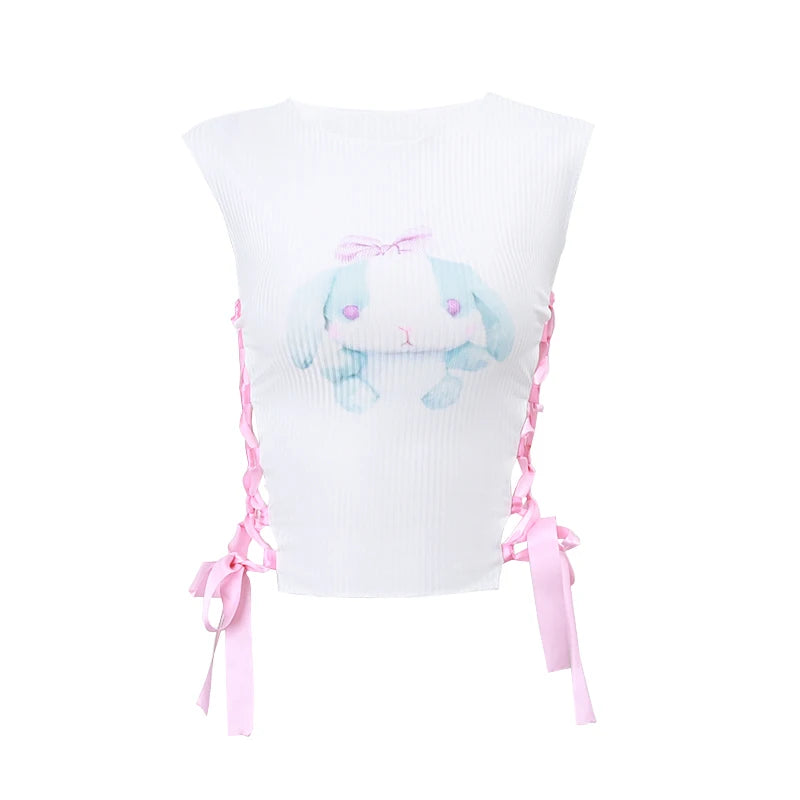 WhereMery Sexy Side Cross Bandage Rib Tank Top Y2K Kawaii Cartoon Graphic Sleeveless Crop Tops 2023 Summer White O-neck Corsets