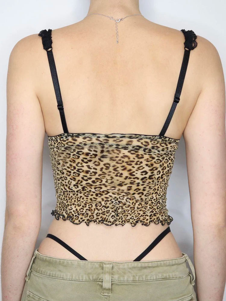 IAMSURE Holiday Sexy Leopard Printed Mesh Camis Top See Through Slim Lace Trim Slash Neck Sleeveless Tank Tops Women 2023 Summer