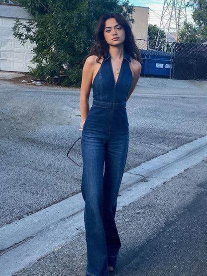 Hugcitar Denim Jumpsuit V Neck Zipper Bell Sleeveless Sexy Outifts Elegant Backpacker  Party Summer 2023