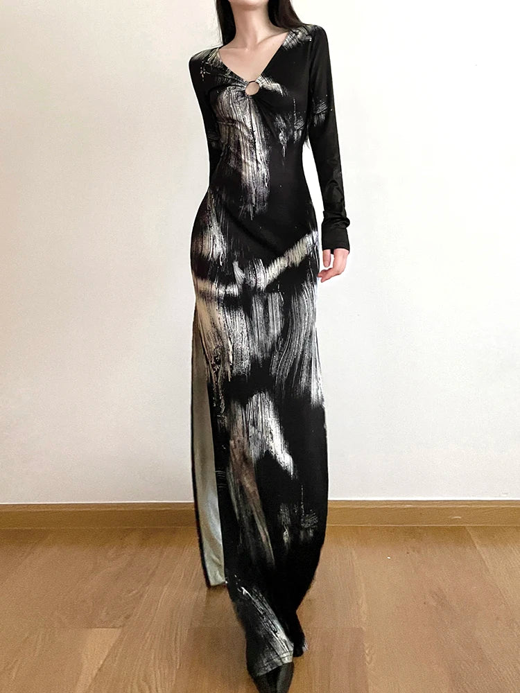 IAMSURE Slim Hollow Out Printed Split Dress Holiday Sexy V-Neck Long Sleeve Maxi Dresses For Women 2023 Autumn Spring Ladies