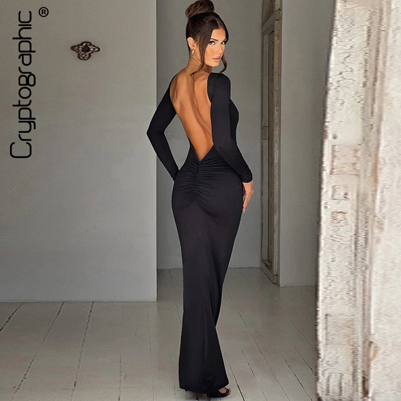 Criptográfico elegante espalda abierta acanalada Sexy ceñido al cuerpo Maxi vestido trajes de cumpleaños para mujeres vestidos de manga larga vestido de fiesta de Club