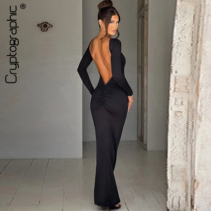 Cryptographic Elegant Open Back Ruched Sexy Bodycon Maxi Dress Birthday Outfits for Women Long Sleeve Dresses Gown Club Party