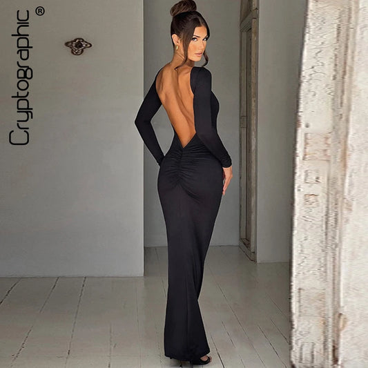 Criptográfico elegante espalda abierta acanalada Sexy ceñido al cuerpo Maxi vestido trajes de cumpleaños para mujeres vestidos de manga larga vestido de fiesta de Club