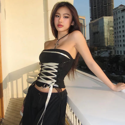 WhereMery Y2K Bandage Sexy Strapless Tank Top Summer Satin Belted Backless Crop Tops 2023 Korean Fashion Tie Up Corset Clothing