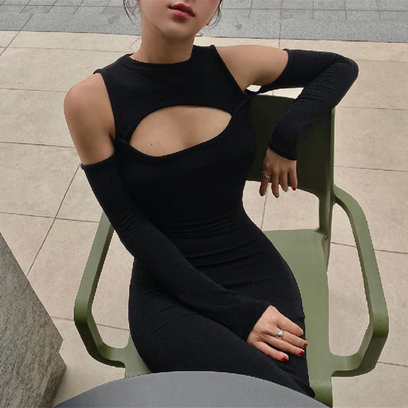 Xeemilo Elegant Hollowed Off Shoulder Maxi Dress Black Sexy Long Sleeve Split Dresses 2022 Women Slim Fitting Evening Party Robe