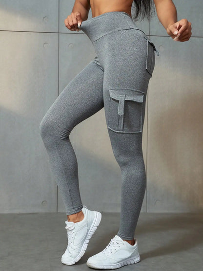 2023 Fashion Flap Pocket Wideband Waist Running Yoga Stretch Cargo Long Leggings Outdoor Fitness Training Sportwear