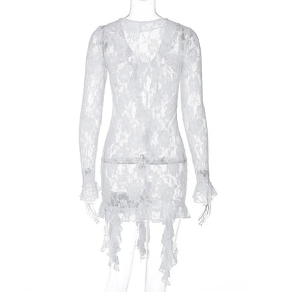 Mini robe cryptographique en dentelle transparente, cravate sur le devant, manches longues, tenues à franges pour femmes, robes moulantes Sexy de soirée en boîte de nuit