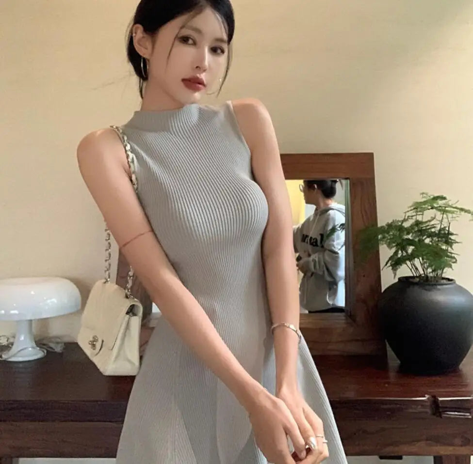 Summer New Slim Fit Waistband Sleeveless Solid Knitted Dress for Women