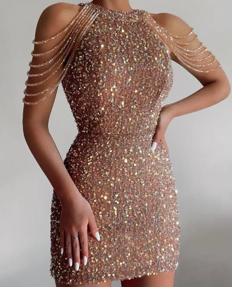 Fashion Hanging Neck Sexy Crystal Bead Wrap Hip Sequin Dress