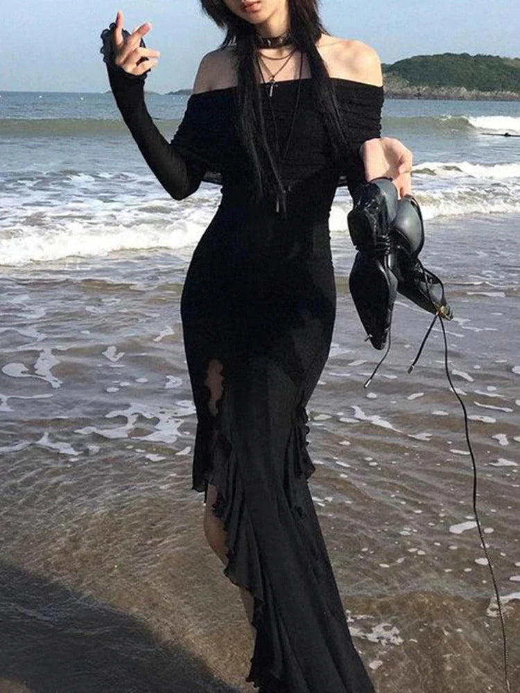 IAMSURE Elegant Fashion Dark Ruffles Split Long Dress Gothic Slash Neck Long Sleeve Maxi Dresses For Women 2023 Holiday Beach