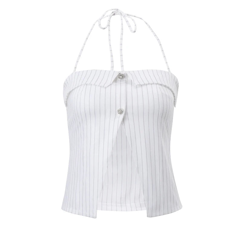 Xeemilo Y2K Rayé Licou Débardeur Chic Bouton Cardigan Hors Épaule Récolte Hauts Sexy Tenue D'été Pour Les Femmes Skinny Camisole