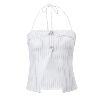 Xeemilo Y2K-Camiseta sin mangas a rayas con cuello Halter para mujer, cárdigan elegante con botones y hombros descubiertos, Tops cortos, traje Sexy de verano, camisola ajustada