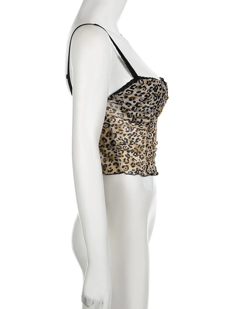 IAMSURE Holiday Sexy Leopard Printed Mesh Camis Top See Through Slim Lace Trim Slash Neck Sleeveless Tank Tops Women 2023 Summer