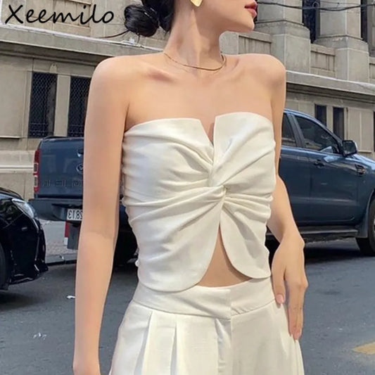 Xeemilo Y2K Solid Twist Knot Tank Top Women Strapless Ruched Backless Sexy Backless Crop Top Casual Srteetwear Off Shoulder Vest