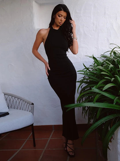 Cryptographic Sexy Backless Halter Elegant Bandage Maxi Dress Outfits for Women Sleeveless Summer Club Party Black Gown Dresses