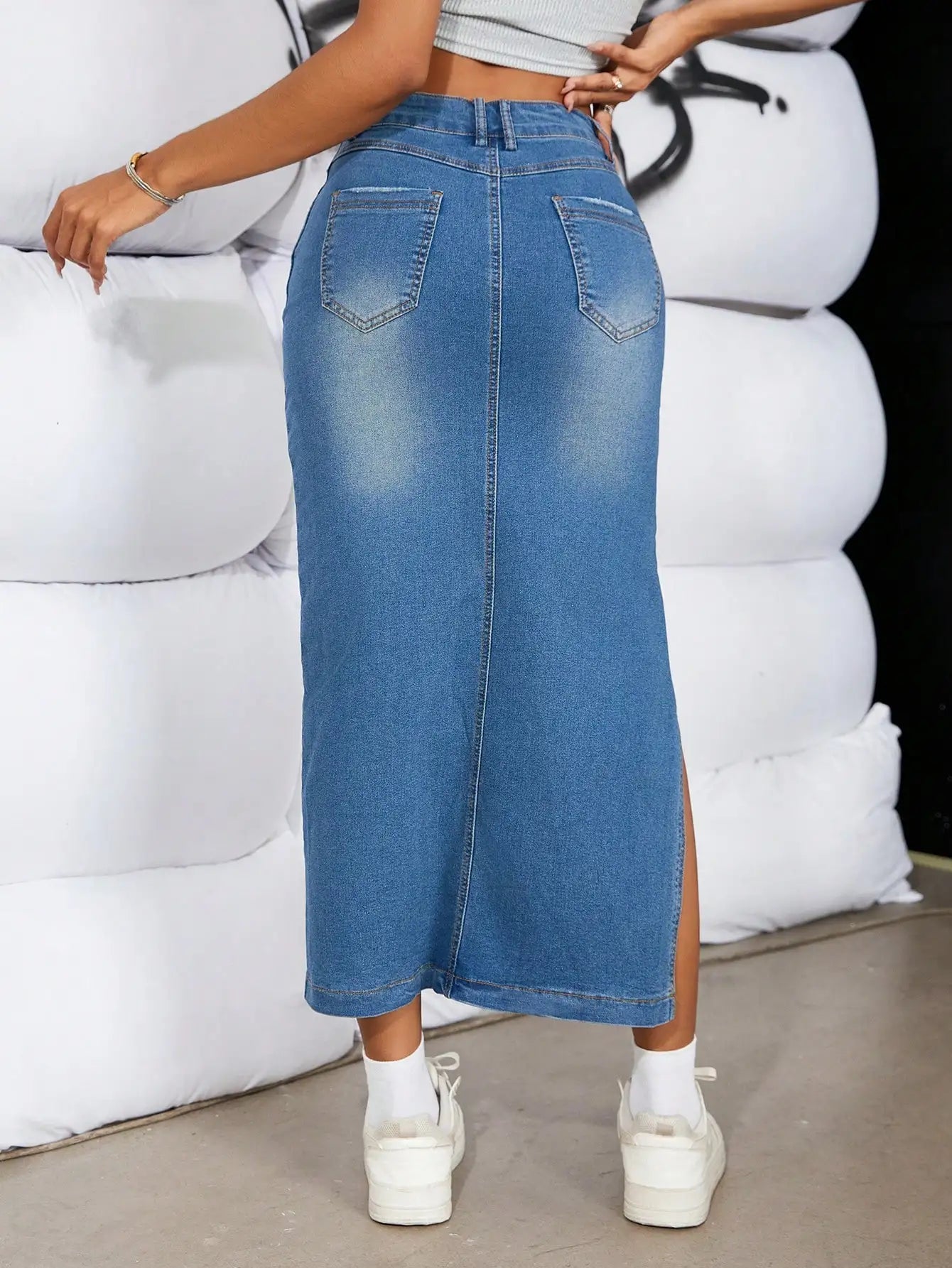 Y2K mode femmes Sexy Vintage taille haute fendu cuisse Denim jupe moulante classique polyvalent mi-longue Jean jupe Streetwear