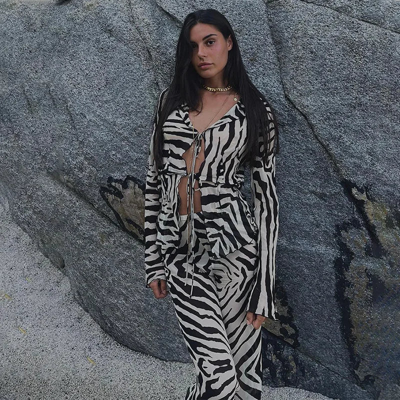 Cryptographic Animal Print Mesh Sheer Stripe Tie Front Detail Top Matching Sets Fashion Outfits 2 Piece Sets Holiday Beachwear