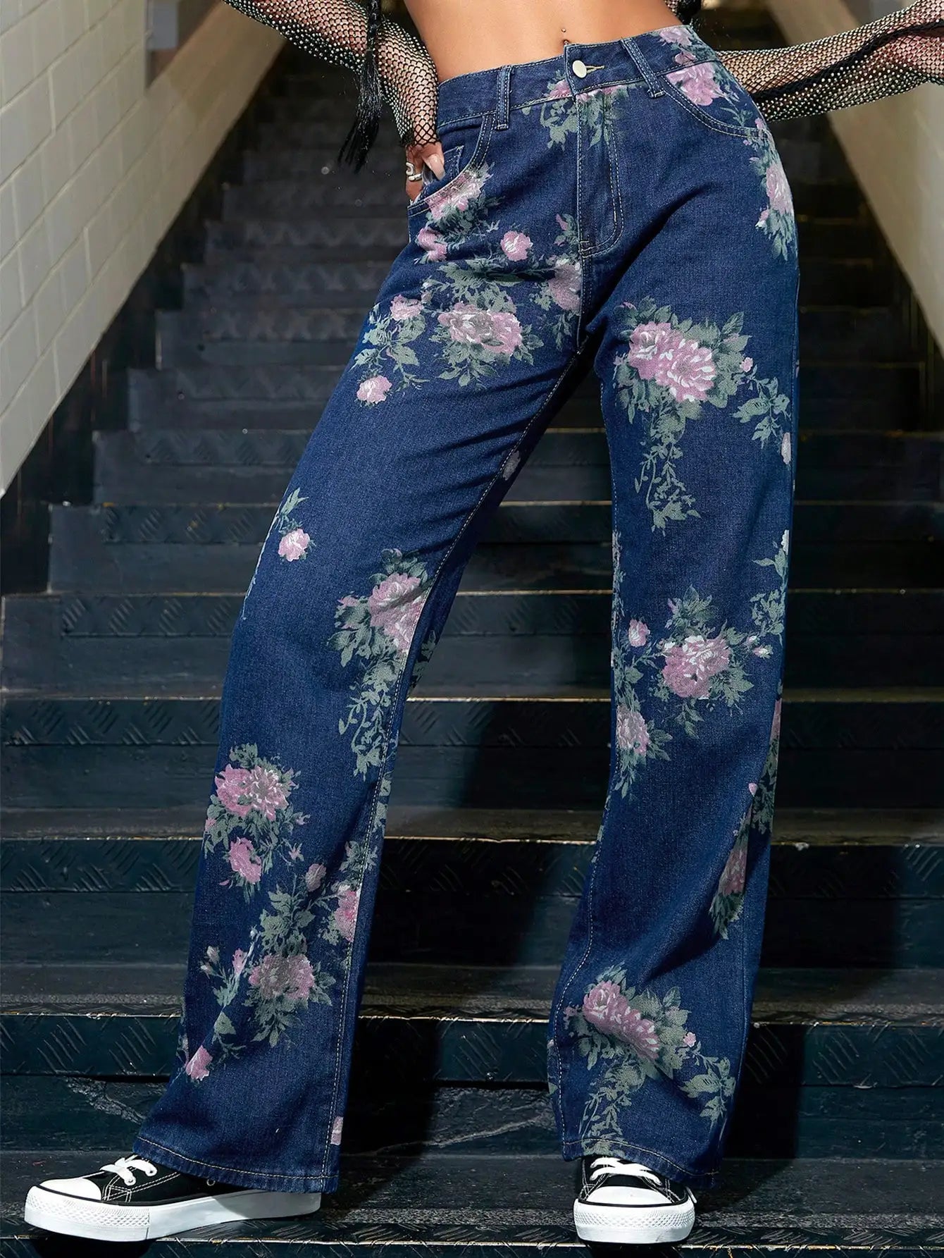 Ropa de calle Vintage para Mujer, pantalones vaqueros de pierna recta con estampado Floral, cintura alta, bolsillos diagonales, pantalones vaqueros de pierna ancha 2023