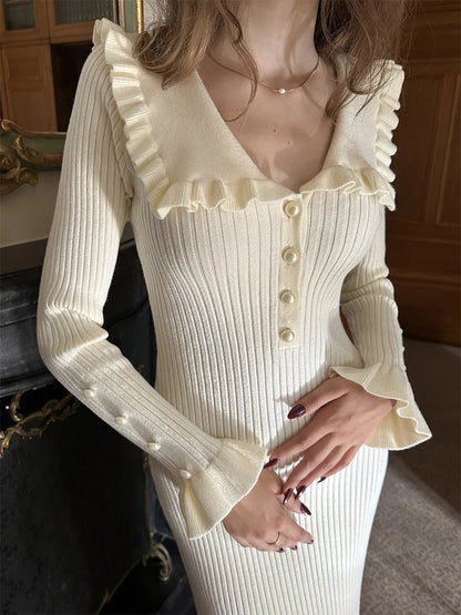 Cryptographic Elegant Knitted Ruffle Trim Sweater Dress Outfits for Women Fall Winter Fashion Vintage Midi Dresses Slim Clothes